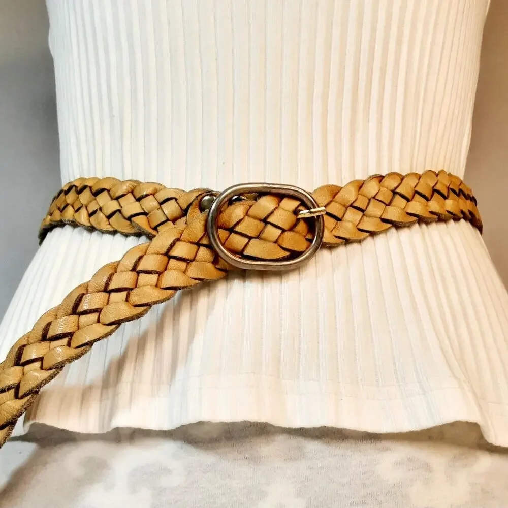 💎Chunky Wide Braided Genuine Leather Belt Natural Tan Caramel Color